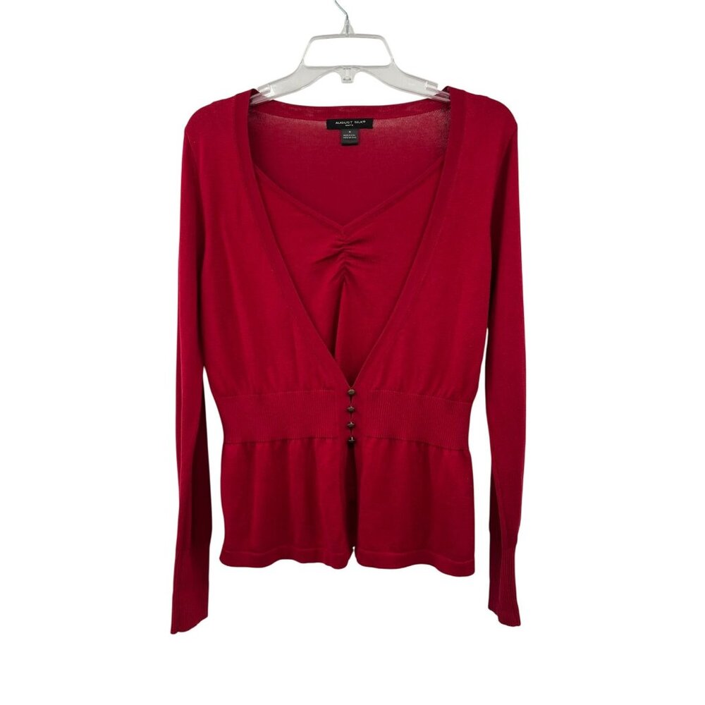 August Silk Red Silk Blend Peplum Sweater Womens M V-Neck Knit Top